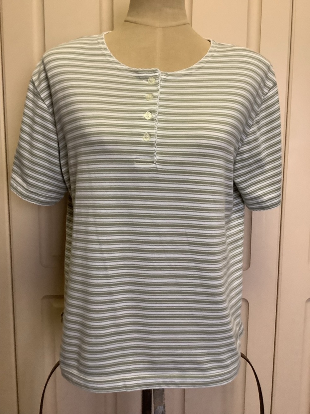 Vintage Erika & Co Henley Shirt Top-Green White Stripe-Button Close-Short Slv-M